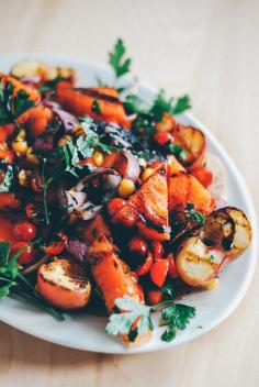 grilled watermelon and donut peach salad with balsamic reduction