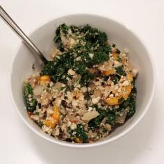 Vegan / Paleo / Gluten Free Cauliflower "Rice" from jeremyandkathleen... 1 head of cauliflower 2 delicata squash (or 1 butternut squash) 1 onion 1 bunch of kale 1/2 cup sliced almonds 1/2 cup raisins 4 cloves garlic 1" fresh ginger 1 tbs cumin 1 tbs cinnamon 1 tsp fenugreek salt & pepper 2 tbs coconut oil 1 tbs olive oil 1 bunch of cilantro 1-2 limes