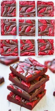 Red Velvet Chocolate-Swirled Brownie Bars {from scratch, not cake mix} - These easy bars topped with an abundance of chocolate are velvety soft and smooth! They don't call it red velvet for nothing!