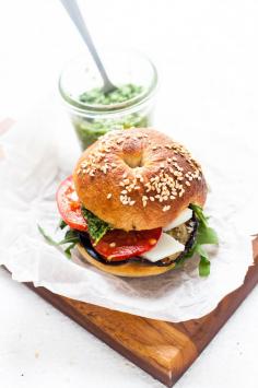 aubergine pesto goat cheese tomato bagels.