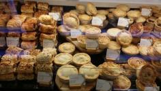 Moo & Blue Pie, Chicken & Leek Pie and Sausage Rolls at Harrods Food Hall.