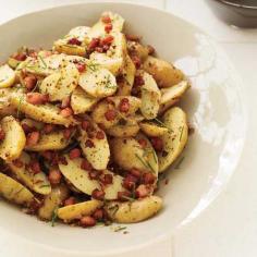 Warm Potato Salad with Pancetta and Brown Butter Dressing | Gabriel Rucker uses nutty brown butter instead of oil in a warm vinaigrette for a summer vegetable salad. For a quick take on his recipe, Grace Parisi whisks brown butter into a tangy, mustardy dressing for creamy fingerling potatoes.