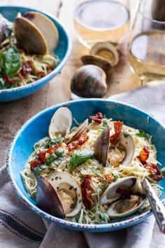 Fresh Clam Pasta with Creamy White Basil Sauce + Crispy Prosciutto | halfbakedharvest.com @Half Baked Harvest