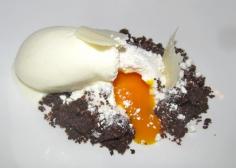 Coffee panna cotta with mango yolk