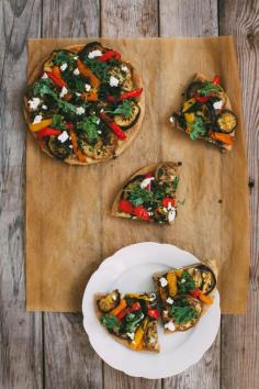 ROASTED EGGPLANT AND PEPPER PIZZA ON A BUCKWHEAT CRUST