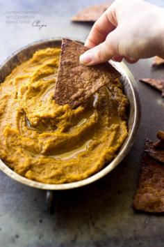 Pumpkin Pie Hummus with Baked Cinnamon "Sugar" Tortilla Chips