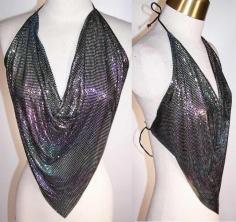 
                    
                        Vintage Pewter Silver Metal Mesh Chain Mail Halter Top  Front view.
                    
                