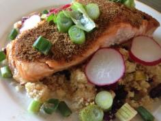 Salmon with Pistachio and Craisin Couscous. If you like salmon, you will love this recipe. It's easy to make and the combination of flavours and textures make it perfect if you want to impress family and friends with a gourmet recipe. #salmon #couscous #dinnertonight
