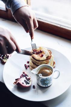 
                    
                        Nigella's arabic pancakes with orange blossom syrup & pomegranate seeds | At the breakfast table
                    
                