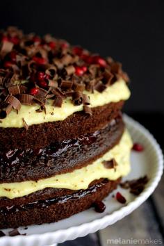 
                    
                        Chocolate Cherry Pomegranate Eggnog Cake
                    
                