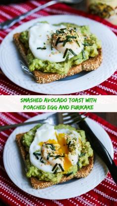 
                    
                        Smashed Avocado Toast with Poached Egg and Furikaki © Jeanette's Healthy Living - Perfect to dress up that gluten-free toast! #avocado
                    
                