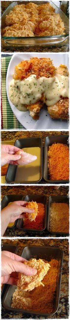 
                    
                        Crispy Cheddar Chicken Time: 15 minute prep + 35 minutes baking Yield: 7 servings Recipe from adapted from What&#8217;s Cookin&#8217; Chicago via Pinterest PRINT RECIPE PRINT RECIPE WITH PICTURE Chicken: 4 large chicken breasts 2 sleeves Ritz crackers 1/4 t salt 1/8 t pepper 1/2 C milk 3 C cheddar cheese, grated 1 t dried parsley Sauce: 1 10 ounce can cream of chicken soup 2 T sour cream 2 T butter
                    
                