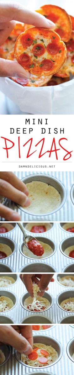 
                    
                        Mini Deep Dish Pizzas - These 5-ingredient mini pizzas are unbelievably easy, fool-proof, and completely addicting!
                    
                