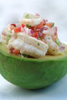 
                    
                        Delicious recipe for shrimp stuffed avocado made with ripe avocado filled with shrimp, red onion, radish, bell pepper, celery and cilantro aioli salad.
                    
                