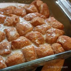 
                    
                        Cinnamon Roll Bites (table for seven). Ingredients: refrigerator biscuits, butter, cinnamon, brown sugar, powdered sugar, vanilla, milk
                    
                