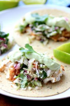 
                    
                        Crispy Fish Tacos with Avocado Sauce and Cilantro Slaw
                    
                