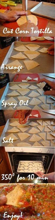 
                    
                        DIY: Fresh Baked Corn Chips (I do this all the time! I prefer it over store bought chips. I sprinkle a little chili powder on them after baking)
                    
                