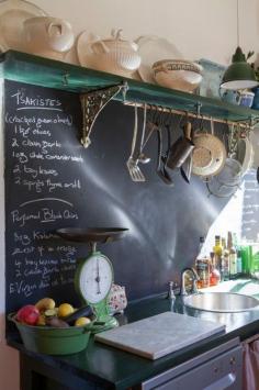 Chalkboard wall as kitchen wall by fridge