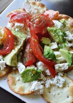 
                    
                        Avocado, Feta & Tomato-Topped Pita Crackers - healthier version of "nachos" and perfect Meatless Monday option
                    
                