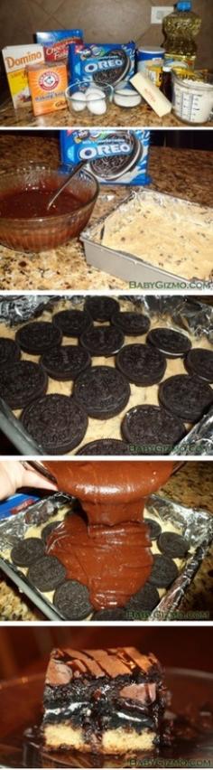 Chocolate chip Oreo brownie bars! Also known as "slutty brownies"!!!! xD This looks absolutely AMAZING!!! :o  its chocolate chip cookie dough (bottom layer), double stuffed Oreos (middle), and brownie batter (top layer). Bake at 350 for 40-55 minutes.