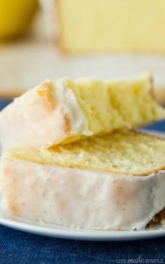 Lemon Pound Cake  1¾ c flour 1¼ c sugar 2 sticks butter 5 eggs ⅓ c sour cream ½ tsp baking powder ½ tsp salt Zest of 3 lemons 3 T lemon juice ½ tsp lemon extract ½ tsp vanilla  Lemon simple syrup: ¼ c sugar ¼ c lemon juice Vanilla bean glaze: ½ c powdered sugar 1 T milk ¼ tsp vanilla bean paste pinch of salt Bake @ 325F in 9x5 pan for 1 hour