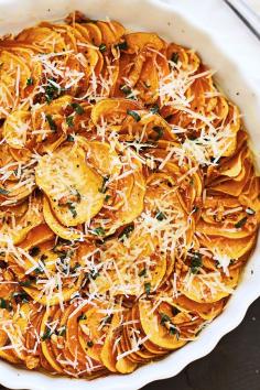 
                    
                        Sweet potato bake with cheese, sage and butter sauce. Easy peasy sweet potato side dish that goes well with any main entrees and perfect for holidays | rasamalaysia.com
                    
                