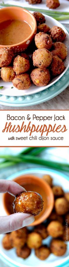 
                    
                        EASY Game Day/ANYDAY Bacon, Pepper Jack Hushpuppies with a crispy, golden outside and soft, cornbread inside dunked in the most tantalizing sweet and tangy Sweet Chili Dijon Sauce.  aka savory heaven
                    
                