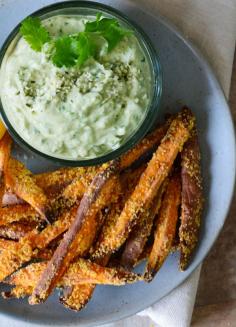 
                    
                        Cornmeal Crusted Sweet Potato Fries with Yogurt, Avocado and Cilantro Dip
                    
                