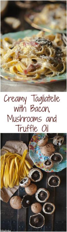 
                    
                        This creamy pasta with bacon and portobello mushrooms is the ultimate date night treat! Quick and absolutely delicious!
                    
                