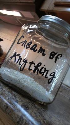 Cream of Anything Dry Soup Mix |   1 cup non-fat dried milk 3/4 cup cornstarch 1/4 cup bouillon - use whatever kind (ie, beef, veggie) 4 Tbs freeze dried minced onions  1 tsp dried basil 1 tsp dried thyme 1 tsp pepper Mix and store. To use mix 1/3 cup dry mix with 1 1/4 cup water for one can of soup. Cook until thick. Add bits as needed (ex - chopped mushrooms for cream of mushroom soup)