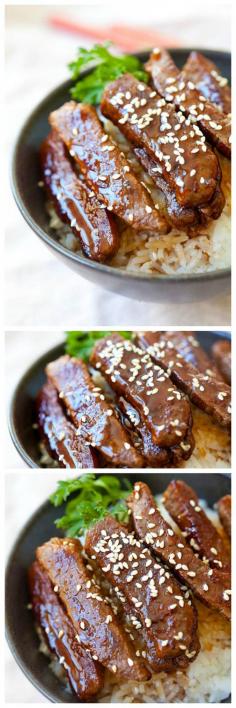 Beef Teriyaki -8 oz beef flap meat or tenderloin Oil, for pan-frying Marinade 1/2 tablespoon soy sauce 1/2 tablespoon Japanese cooking sake Teriyaki Sauce (Tare) 2 tablespoons soy sauce 2 tablespoons Japanese cooking sake 2 tablespoon sugar 2 tablespoon mirin (sweet rice wine) 1 teaspoon cornstarch (mixed with 1 teaspoon water) Garnishing White sesame seeds Some chopped scallions, optional