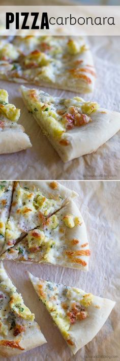 Pizza Carbonara - Topped with eggs and pancetta, this easy Pizza Carbonara is inspired by the Italian carbonara with eggs, cheese and bacon.