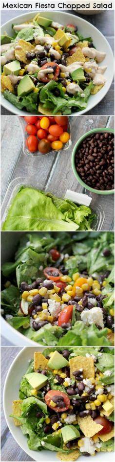 
                    
                        This Mexican fiesta chopped salad is a party on a plate! Filled with nutritious and tasty goodies, like black beans, corn, avocado, tortilla strips, and CHEESE, you won’t even realize you’re eating something healthy!
                    
                