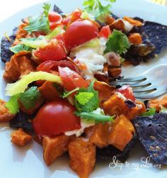 
                    
                        Sweet Potato Nachos Recipe #recipe #dinner #idea skiptomylou.org
                    
                