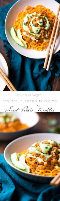 
                    
                        Vegetarian Red Lentil Curry is served on sweet potato noodles with coconut avocado sauce for a vegan meal that is healthy, quick and easy! Ready in only 20 minutes! from WholeYum.com
                    
                