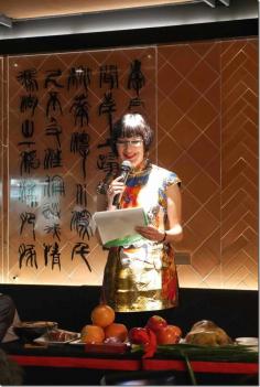 Also in our company is the beautiful and immensely talented Claudia Chan Shaw, a Sydney fashion icon who operates a knitwear boutique in Queen Victoria Building with her mother, Vivian Chan Shaw. Dressed in a modernistic ‘cheong sam’, Claudia is Master of Ceremonies tonight and tells us ancient Chinese rituals. She explains the principles and virtues of feng shui as an imperative Chinese belief in ushering prosperity and good luck when starting a new business venture.