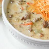 
                    
                        Cheeseburger Soup: ~ Award Winning! ~~ Ground Beef + onion + carrots + celery + basil + parsley + butter + chicken broth + potatoes + velvetta cheese + flour + milk + sour cream.
                    
                