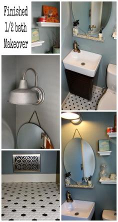 ART IS BEAUTY: Finished Tiny Half Bathroom (powder room) Remodel. Its #makeovermonday and the Bathroom Reveal is up on the blog! Come see how we transformed this very small space and the fun we had along the way~! www.artisbeauty.n... Tile Flooring Plumbing Painting grouting decorating