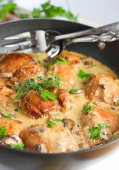 Creamy Chicken and Mushroom Skillet - for Low Carb coat chicken with fav breadcrumbs, for frying off - Flavorful dish with Asiago (or other hard cheese), white wine (or chicken broth for *Induction*), Dijon mustard, thyme and other goodies! One pan and done!