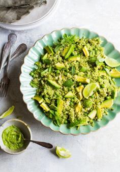 Avocado Pea Pistachio Quinoa Salad with Coriander Basil Pesto, Mint and Lemon