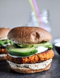 Smoky sweet potato burgers with roasted garlic cream and avocado. #healthy #delicious #organic #burger #recipe #suja