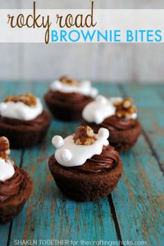 
                    
                        Rocky Road Brownie Bites! Take the chocolate, marshmallow and walnuts in rocky road ice cream and pile them on soft chewy brownie bites for brownie bliss!
                    
                
