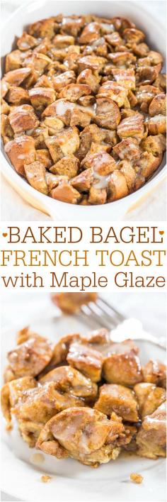 
                    
                        Baked Bagel French Toast with Maple Glaze - Soft, chewy bagels make the best French toast! So easy, no flipping required, and tastes phenomenally good!!
                    
                