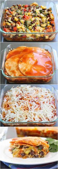 stacked roasted veggie enchiladas. they freeze well too!