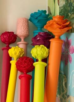 spray paint curtain rods with bright colors + white curtains