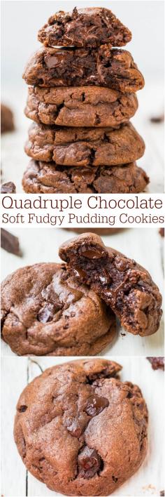 
                    
                        Quadruple Chocolate Soft Fudgy Pudding Cookies - Super soft and loaded with chocolate! They'll handle your fiercest chocolate cravings!!
                    
                