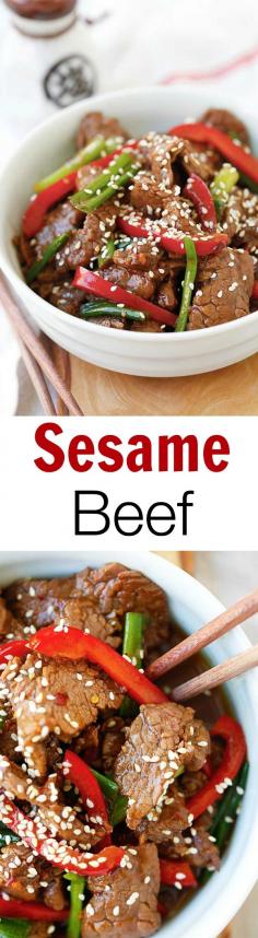 
                    
                        Sesame Beef – the easiest and crazy delicious beef stir-fry. Tender and juicy with a killer soy sesame brown sugar sauce. So good you’ll want seconds | rasamalaysia.com
                    
                