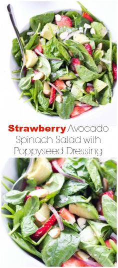 
                    
                        Quick and easy spinach salad with creamy avocado and sweet strawberries, tossed in a homemade poppyseed dressing | littlebroken.com Katya | Little Broken
                    
                