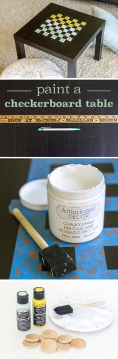 
                    
                        Wouldn't this just be perfect for game night with the family or friends? Paint your own custom checkerboard table by using some masking tape and paint. www.ehow.com/...
                    
                