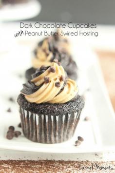 
                    
                        Dark Chocolate Cupcakes with Peanut Butter Swirled Frosting -- Moist dark chocolate cupcakes topped with creamy swirled peanut butter frosting | carmelmoments.com
                    
                